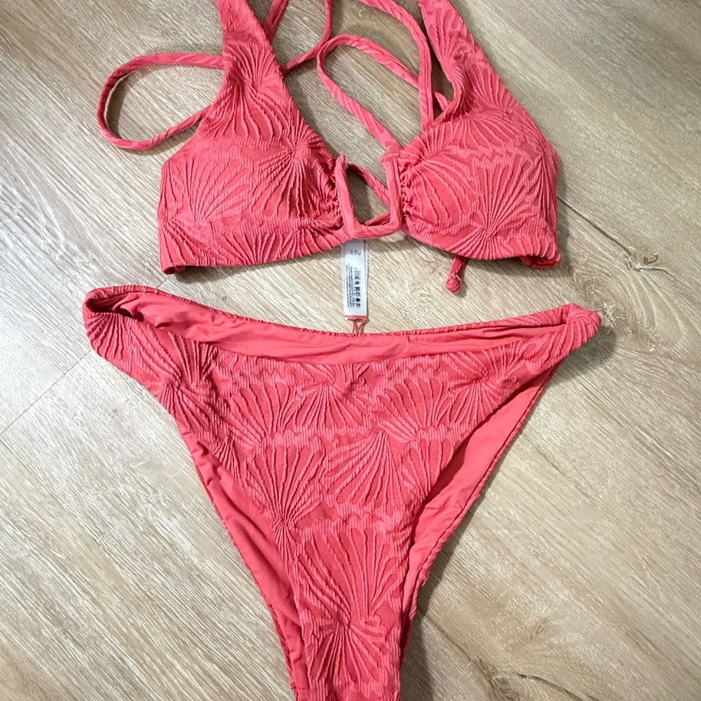 Berlook Jacquard U-Ring Cross Back Bikini Cheeky Bottom Coral Size S
